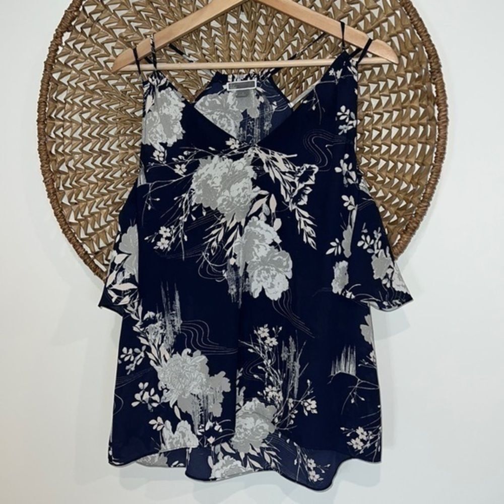 Chelsea28 navy blue and gray floral cold shoulder top size small